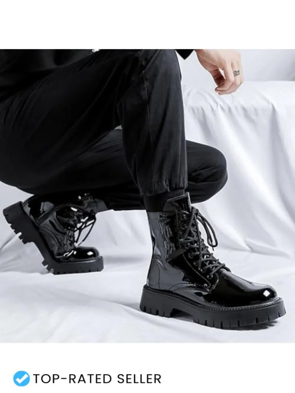 Men's Platform Combat Boots Patent Leather Lace Up Side Zipper Chunky Lug Sole